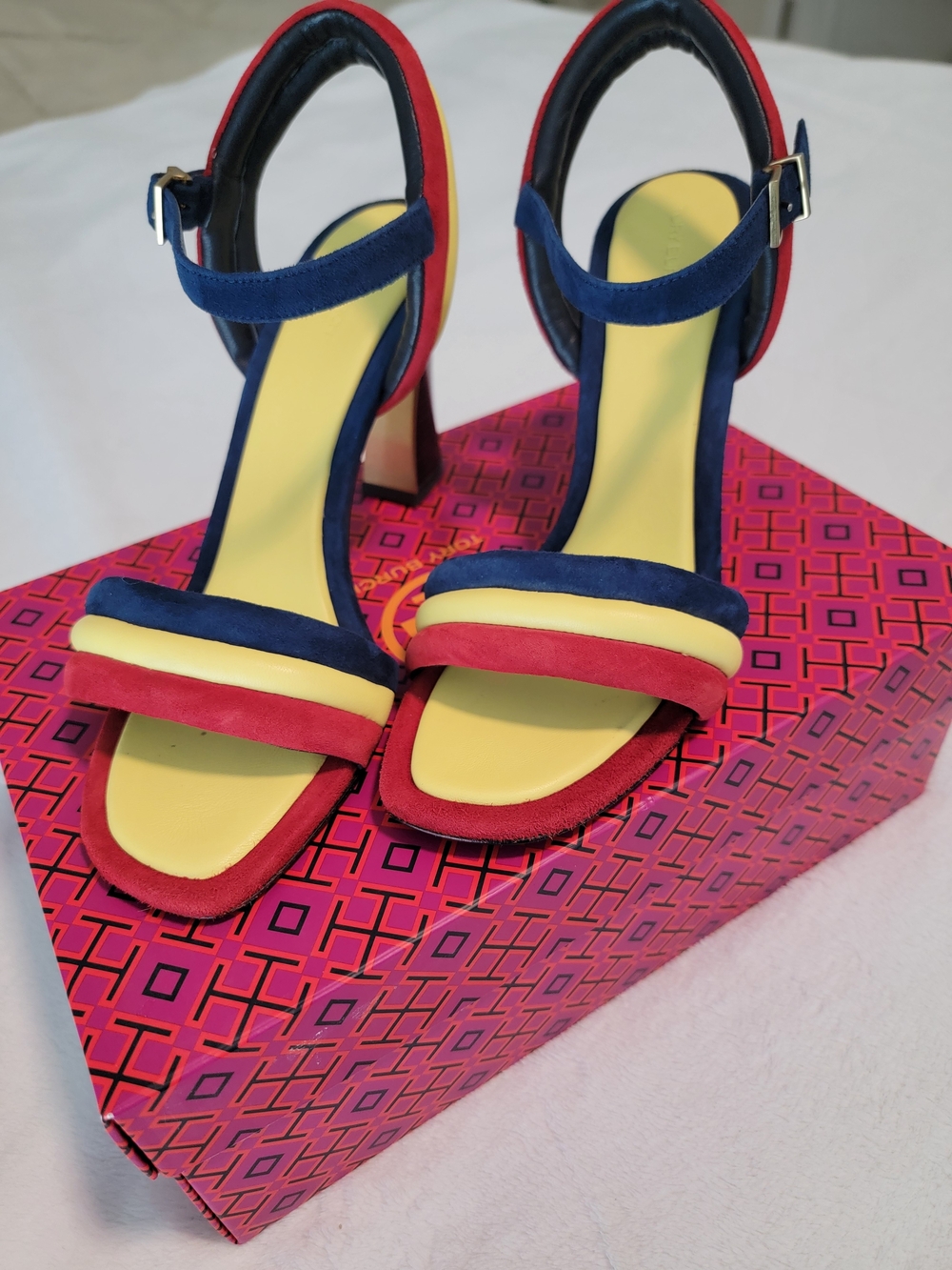 Tory Burch Multicolor Block Heel Puffed Up Sandals — Red, Navy & Yellow Size 10